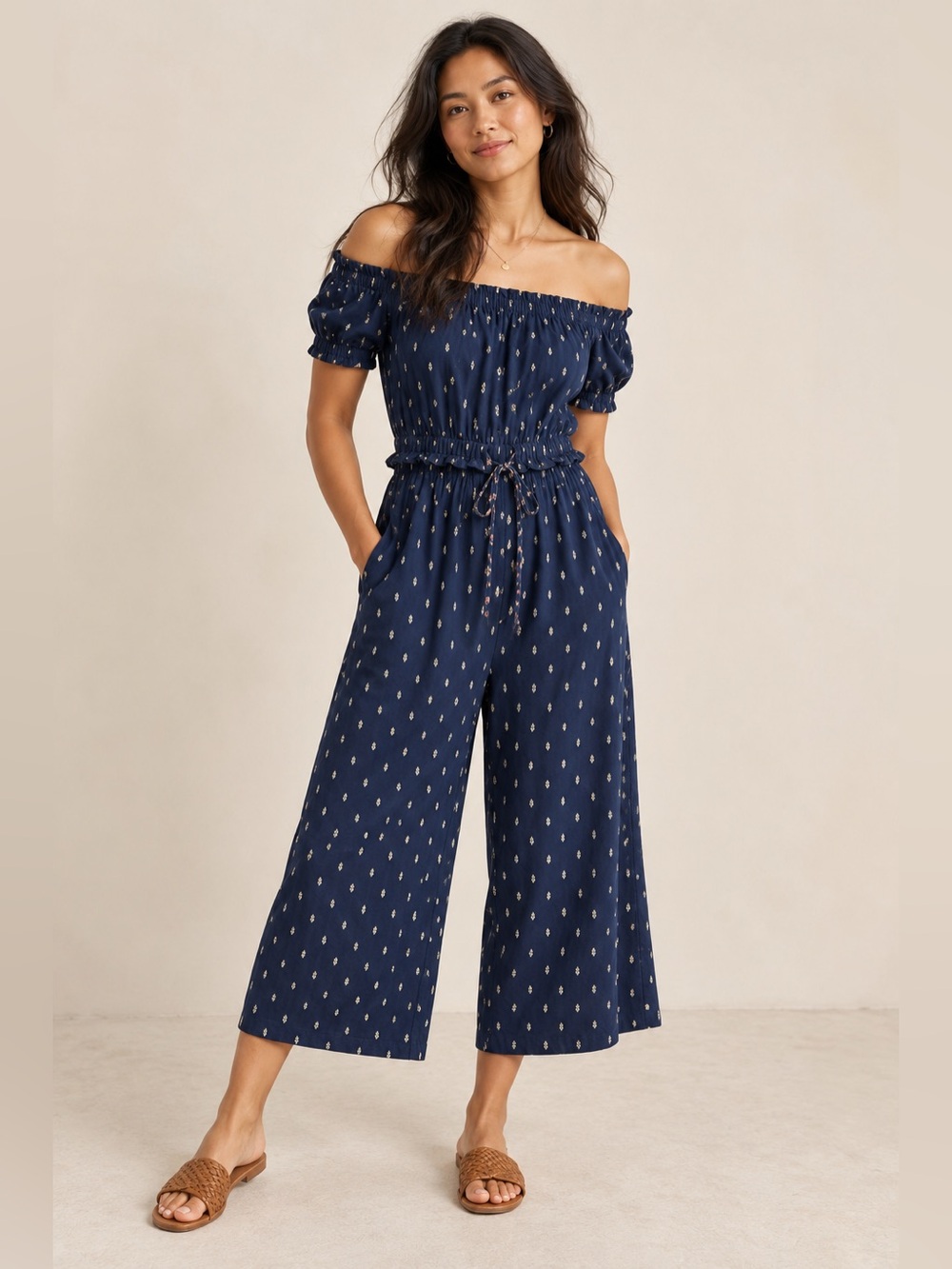 By Anthropologie Findley Off-Shoulder Navy Wide-Leg Jumpsuit